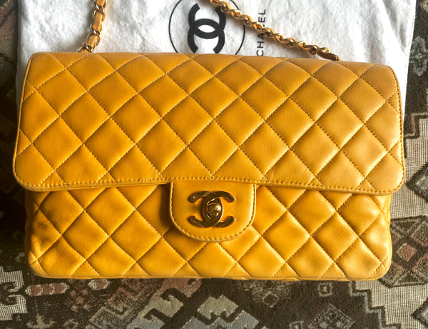 Vintage Chanel classic 2.55 rare yellow color soft lamb leather