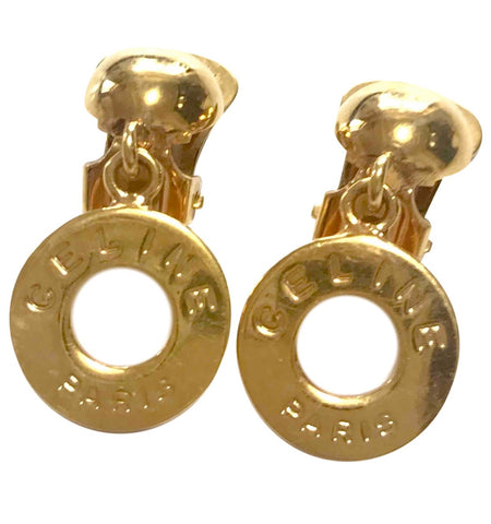 Vintage Celine golden round ball and logo embossed frame earrings. Classic dangle earrings.
