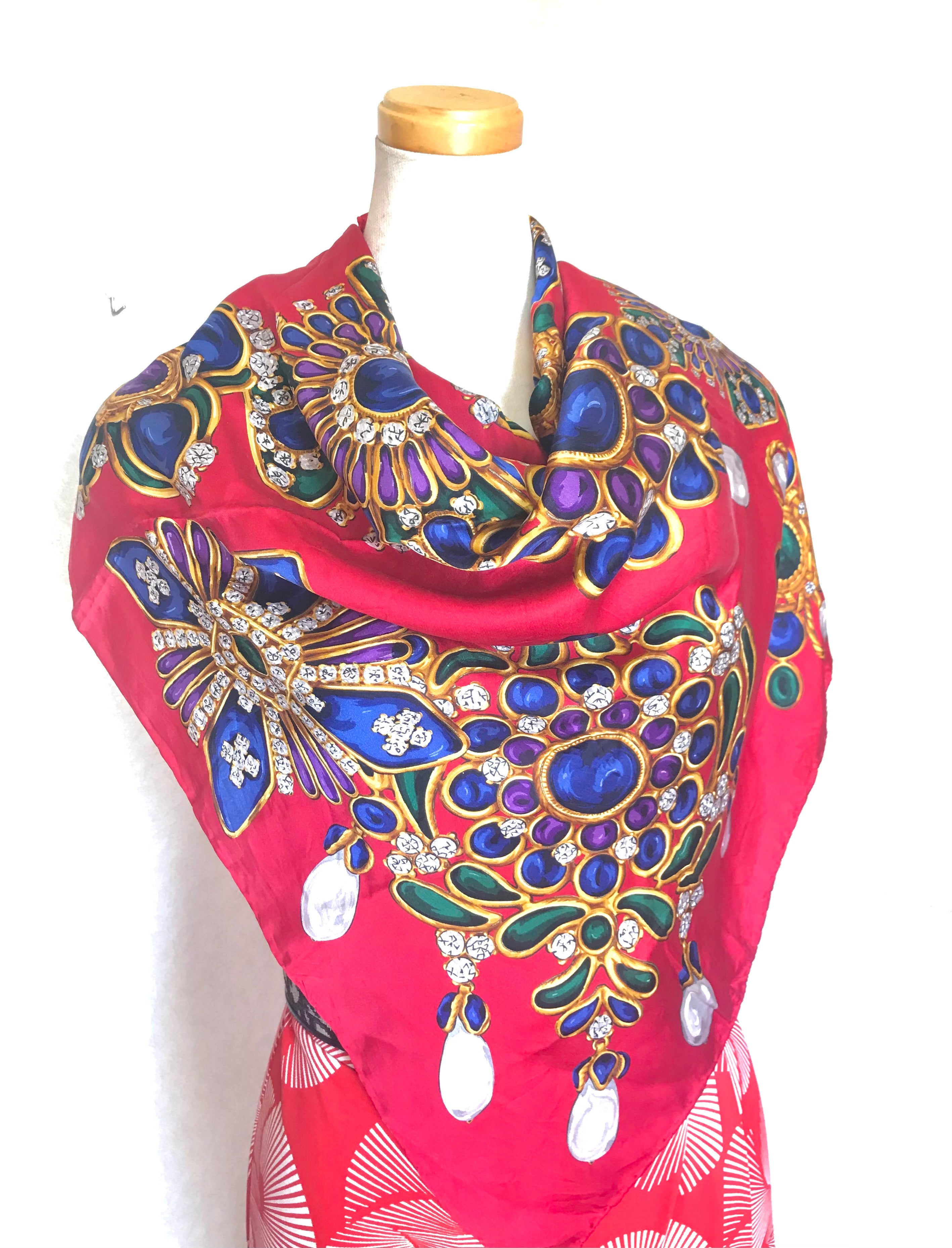 Vintage Chanel red scarf with gold, blue, green, colorful gripoix