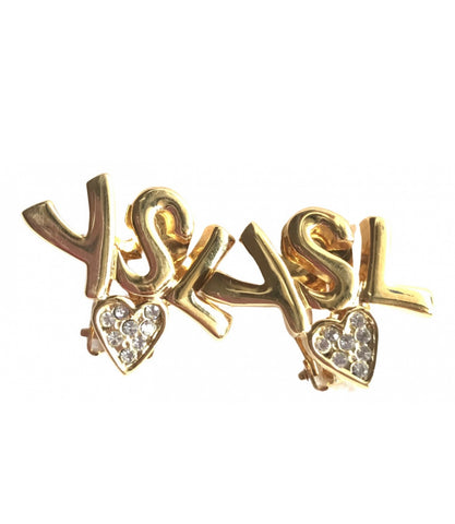 Vintage Yves Saint Laurent golden YSL logo and heart crystal earrings. Must have jewelry piece. 0406015