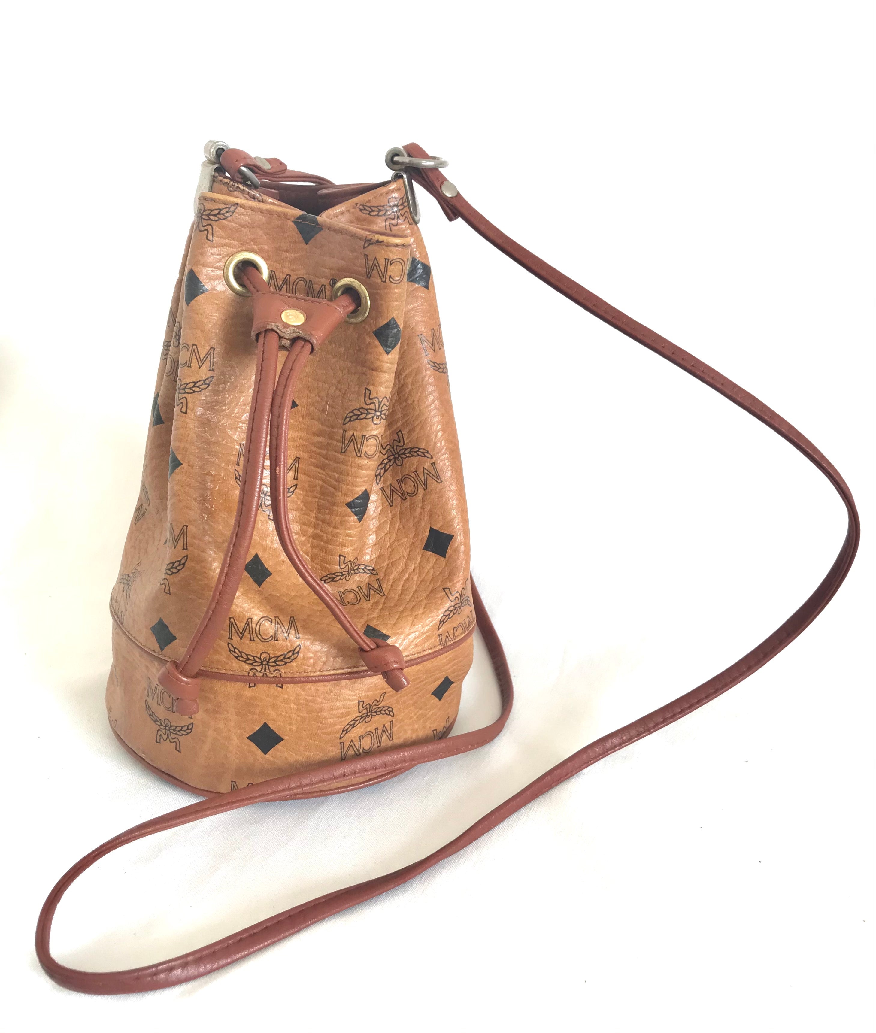 Vintage MCM brown monogram small hobo bucket bag. mini purse. Made
