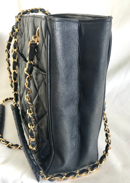 chanel vintage black lambskin leather quilted tote bag