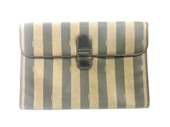 Vintage Fendi gray pecan stripe portfolio document bag, large clutch bag with black leather trimmings. Classic purse for unisex use.