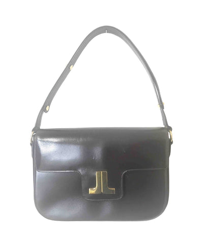 Vintage LANVIN dark brown leather elegant shoulder bag with iconic golden logo motif, Classic purse for daily use.