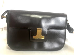 Vintage LANVIN dark brown leather elegant shoulder bag with iconic golden logo motif, Classic purse for daily use.