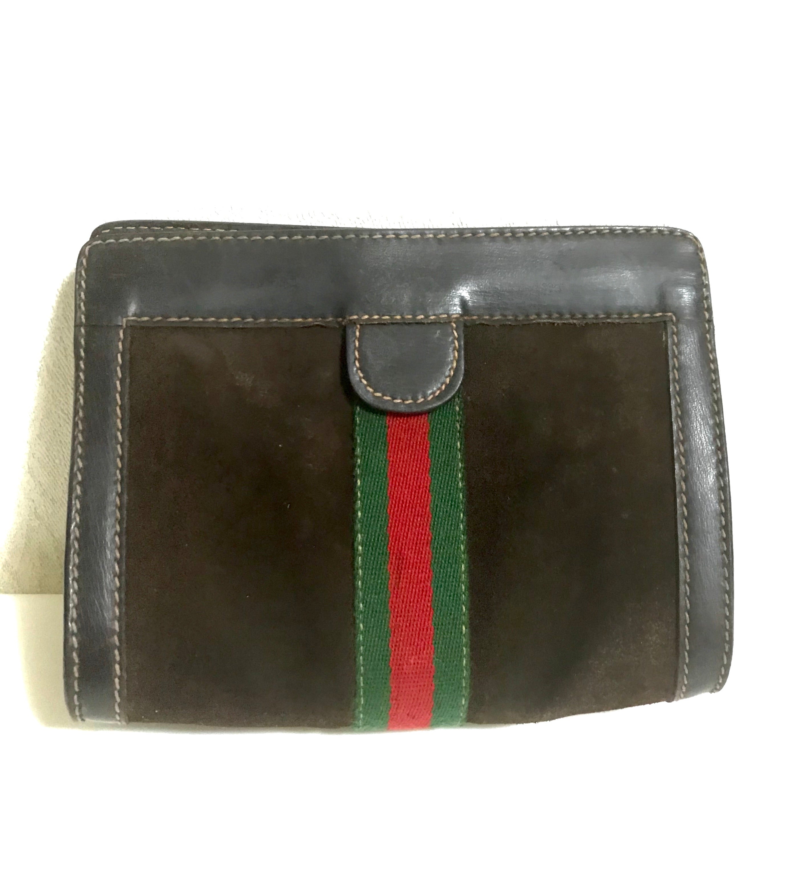 Vintage Gucci brown suede clutch purse with red and green webbing tape and Velcro closure. Webbing, Gucci Parfums collection.