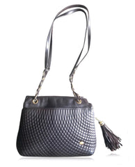 Vintage Bally quilted dark brown leather chain mix shoulder bag, tote bag with chain straps and a tassel to the zipper.