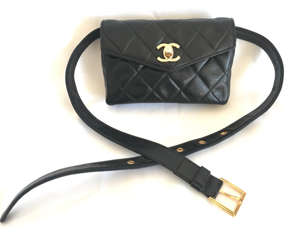 Vintage CHANEL Black Leather Waist Purse Fanny Pack With 