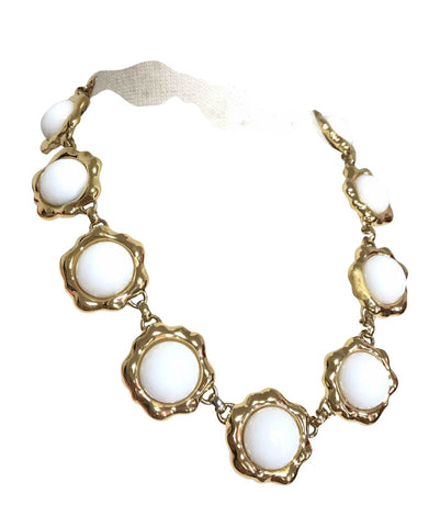 Vintage Karl Lagerfeld white glass and golden flower charm necklace with logo motif. Rare jewelry piece back in the era.
