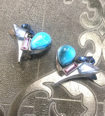 Vintage Christian Lacroix silver and blue earrings. Blue and pink crystal stones. Rare statement jewelry. Great gift.  0506302