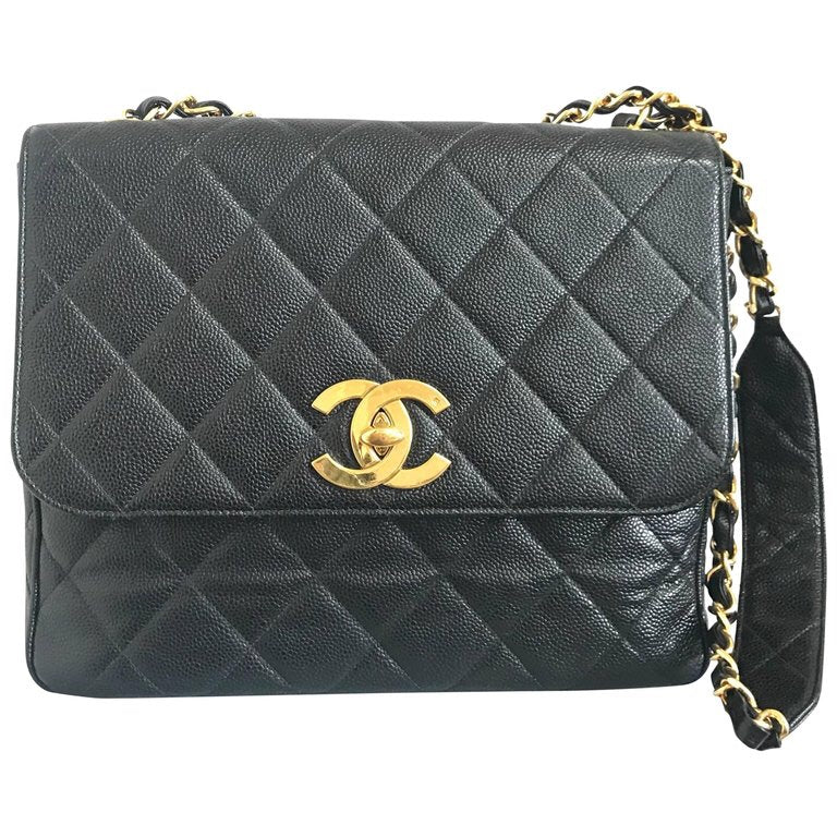 Vintage Chanel classic large black caviar leather 2.55 square