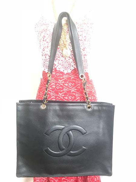 Vintage CHANEL black caviarskin extra large tote bag with gold