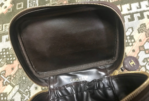 Vintage CHANEL dark brown caviar leather cosmetic and toiletry bag
