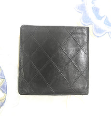 80's vintage CHANEL black calfskin square stitched wallet, bill, card case. Unisex purse.