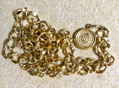 Vintage CHANEL golden thick lightweight chain belt with round CC coin charm and double layer design at front. 78cm