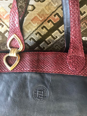 80's. Vintage FENDI black leather shopper, large tote bag with genuine wine red snakeskin trimmings and handles. Perfect for trip.