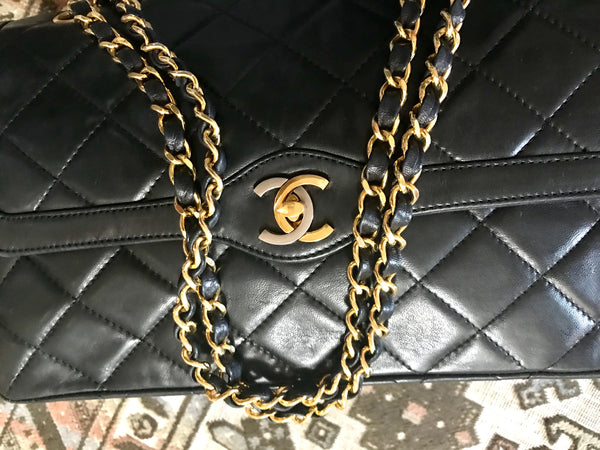 OFV 20210526 Vintage Chanel black lamb 2.55 double flap chain