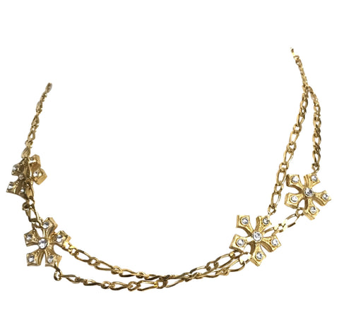 Vintage Celine gold chain necklace with rhinestone crystal snowflake charms. Perfect vintage jewelry. 040412