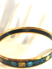 Ves. Vintage Hermes cloisonne enamel bangle with green, yellow, and blue. Charm and chain design. 050320r7
