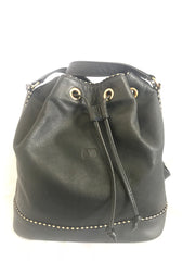 Vintage Valentino navy leather hobo bucket shoulder bag with embossed V logo and drawstring. Classic daily use bag.