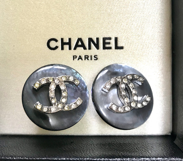 Authentic Vintage Chanel earrings CC logo rhinestone black square