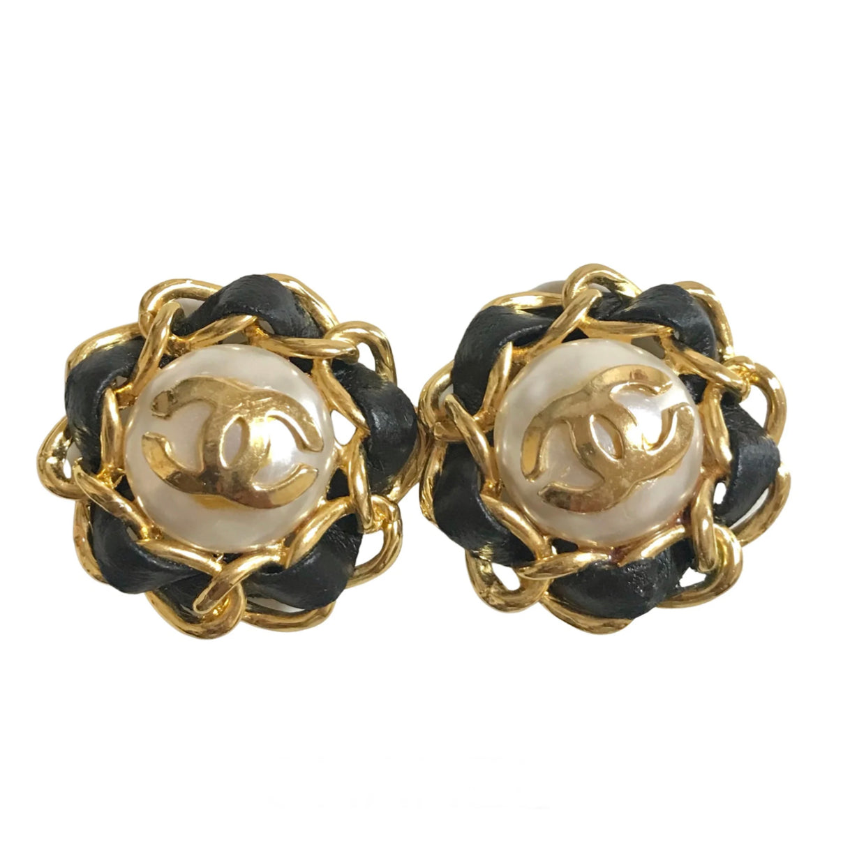 Vintage CHANEL earrings with golden CC, faux pearl, black leather and chain frame. Perfect Chanel jewelry
