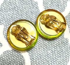 Vintage CHANEL yellow orange tone aurora resin earrings with Chanel iconic charms. Golden shoe, camellia, and CC mark in it. 041228an1