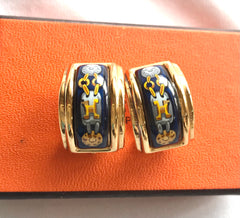 Vintage Hermes cloisonne golden earrings with blue and yellow chain, medal charm, H logo jewelry print design. Great gift idea.