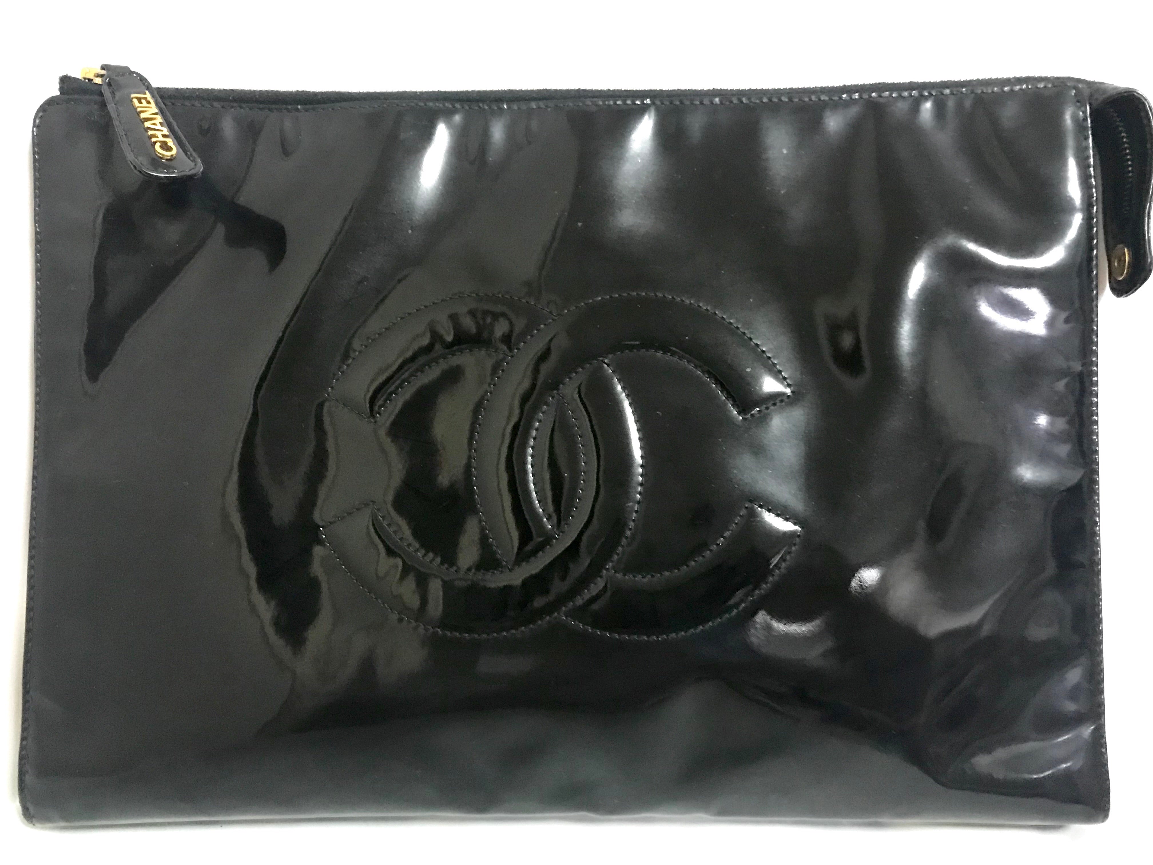 Vintage CHANEL classic black patent enamel document bag, large