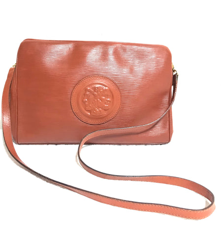 Vintage Fendi brown epi leather messenger bag, shoulder purse with iconic Janus medallion embossed motif at front. Unisex. Rare bag.