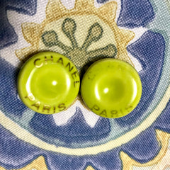 Vintage CHANEL yellow green, lime color and gold tone round button candy earrings. Perfect Chanel jewelry for any seasons.