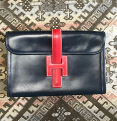 F2 Vintage HERMES navy and red jige PM boxcalf leather document case, portfolio purse, iPad case. Classic bag but rare color.