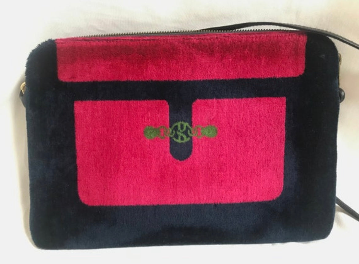 Vintage Roberta di Camerino velvet, chenille clutch shoulder bag with Iconic red, navy, and green colors.