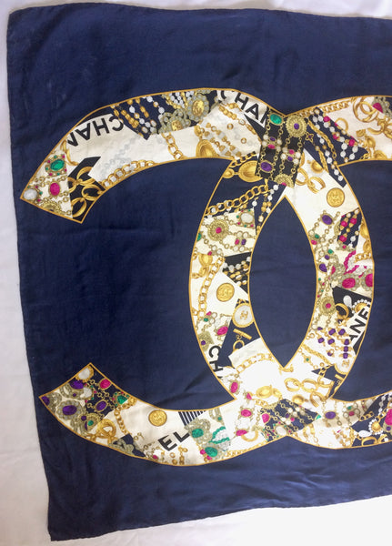 Vintage CHANEL large navy 100% silk scarf with gold, pink, ivory