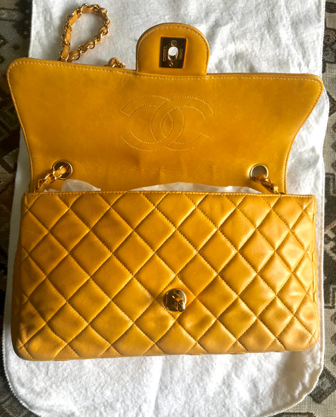 Chanel Mustard Quilted Patent Leather Jumbo Classic Double Flap Bag Chanel