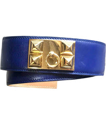 90's Vintage Hermes Collier de Chian blue calfskin Medor belt with gold-plated hardware. Size 65