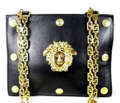 Reserved for Tammy. Vintage Gianni Versace black leather tote shoulder bag with big golden medusa motif and gold tone long chain straps. Too Gorgeous like Lady Gaga.