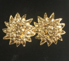 MINT. Vintage CHANEL lion design golden earrings with CC marks around lion face.