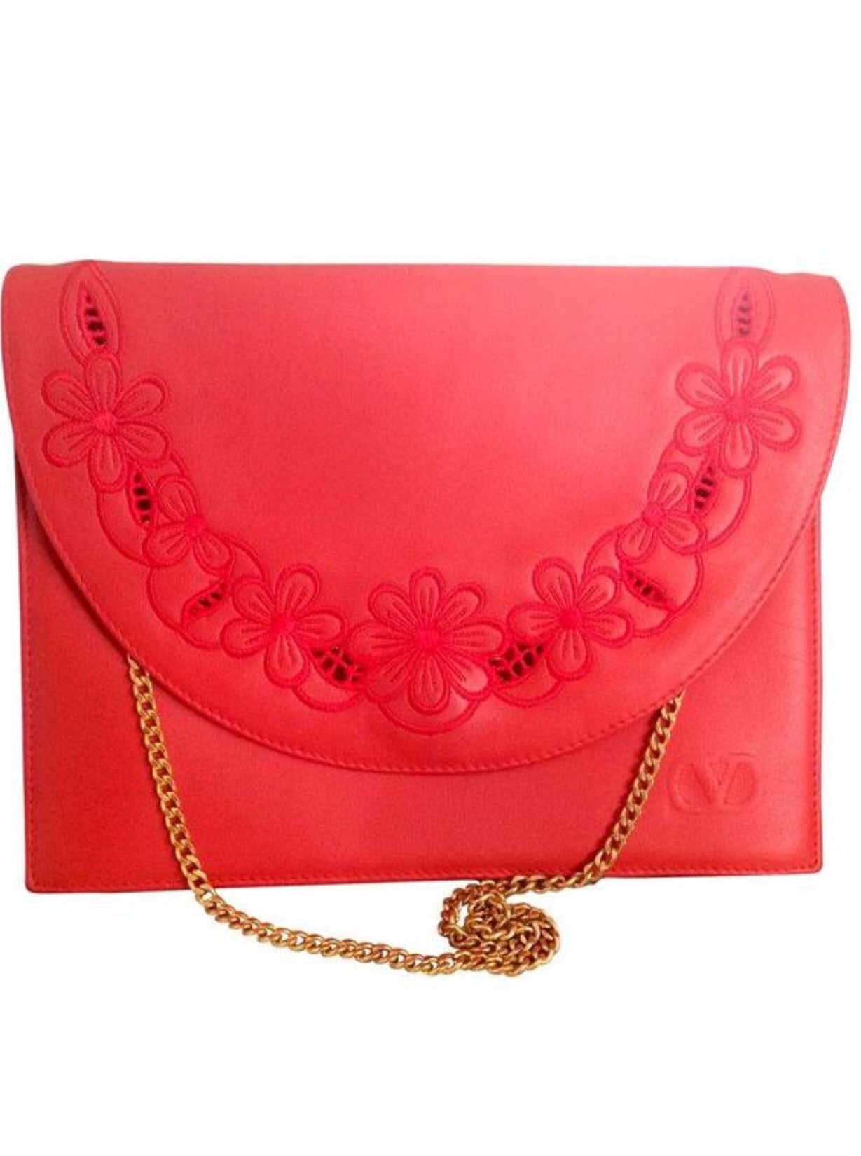 Vintage Valentino Garavani orange red leather clutch shoulder bag with  buckle. For Sale at 1stDibs