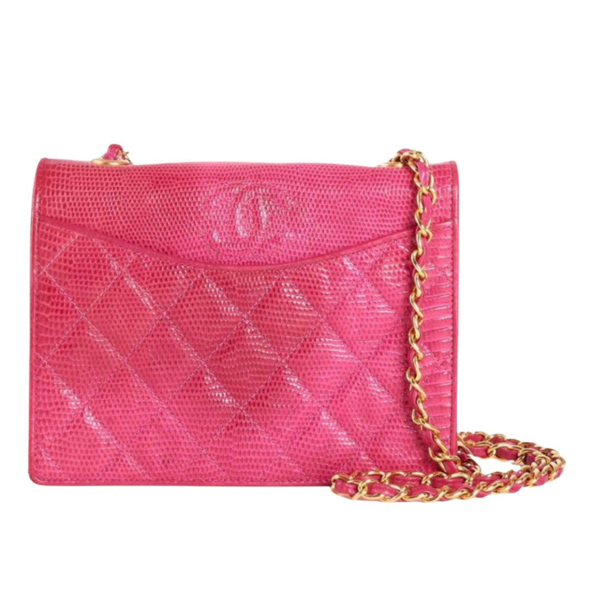 Vintage CHANEL hot pink genuine lizard leather envelop style flap