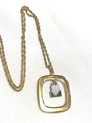 Vintage LANVIN golden skinny chain necklace with square and silver logo charm pendant top. Must have classic vintage jewelry piece.