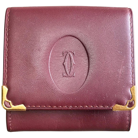 Vintage Cartier genuine wine leather square coin case with gold tone frames. must de Cartier. Unisex use.