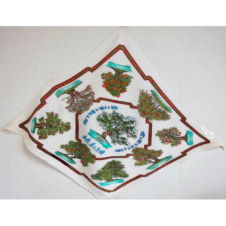 Vintage HERMES carre pleated silk scarf, harness, BONSAI flower and fruits print in white, green, blue, red, and orange. Rare Bonsai