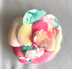 Vintage CHANEL colorful, watercolor print silk camellia flower brooch pin. Very chic and cute. Chanel iconic flower jewelry. 050323re5