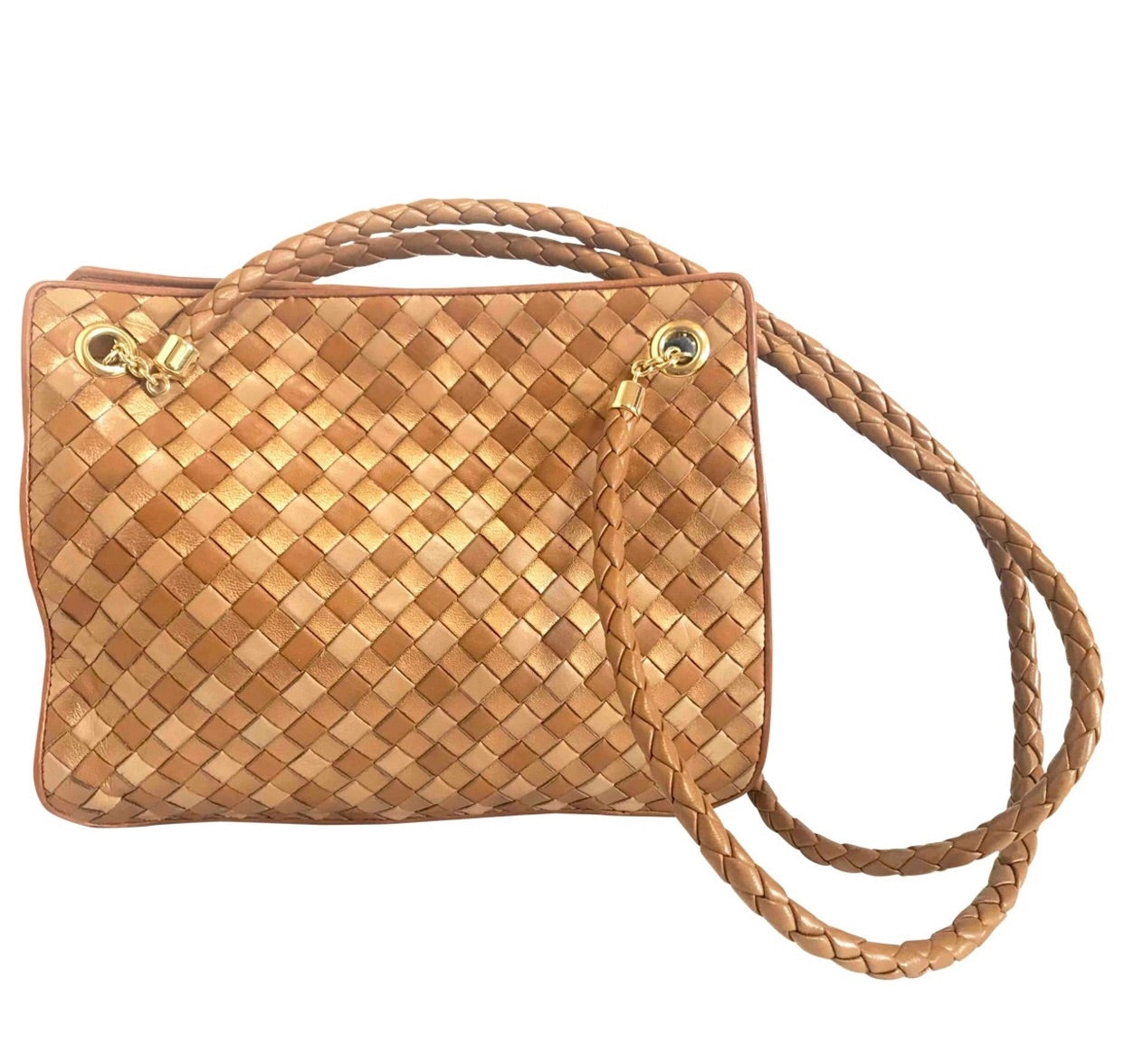 Bottega Veneta Intrecciato Leather Shoulder Bag In Wood M Brass