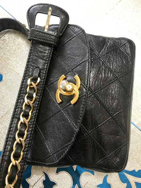 Vintage CHANEL black leather waist purse, fanny pack with golden chain –  eNdApPi ***where you can find your favorite designer vintages..authentic,  affordable, and lovable.