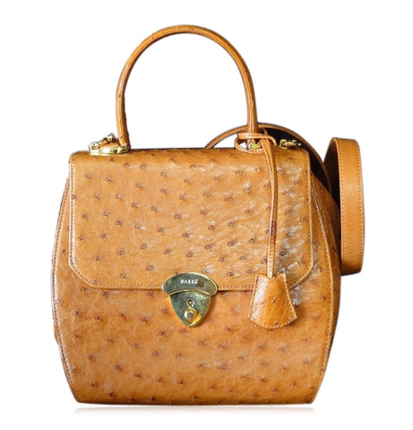 MINT. Vintage BALLY genuine ostrich leather orange brown handbag with shoulder strap and mirror.