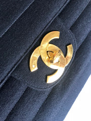 Vintage CHANEL black jersey 2.55 classic jumbo, large chain, large shoulder bag with golden CC. Stripe stitch