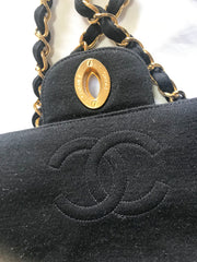Vintage CHANEL black jersey 2.55 classic jumbo, large chain, large shoulder bag with golden CC. Stripe stitch