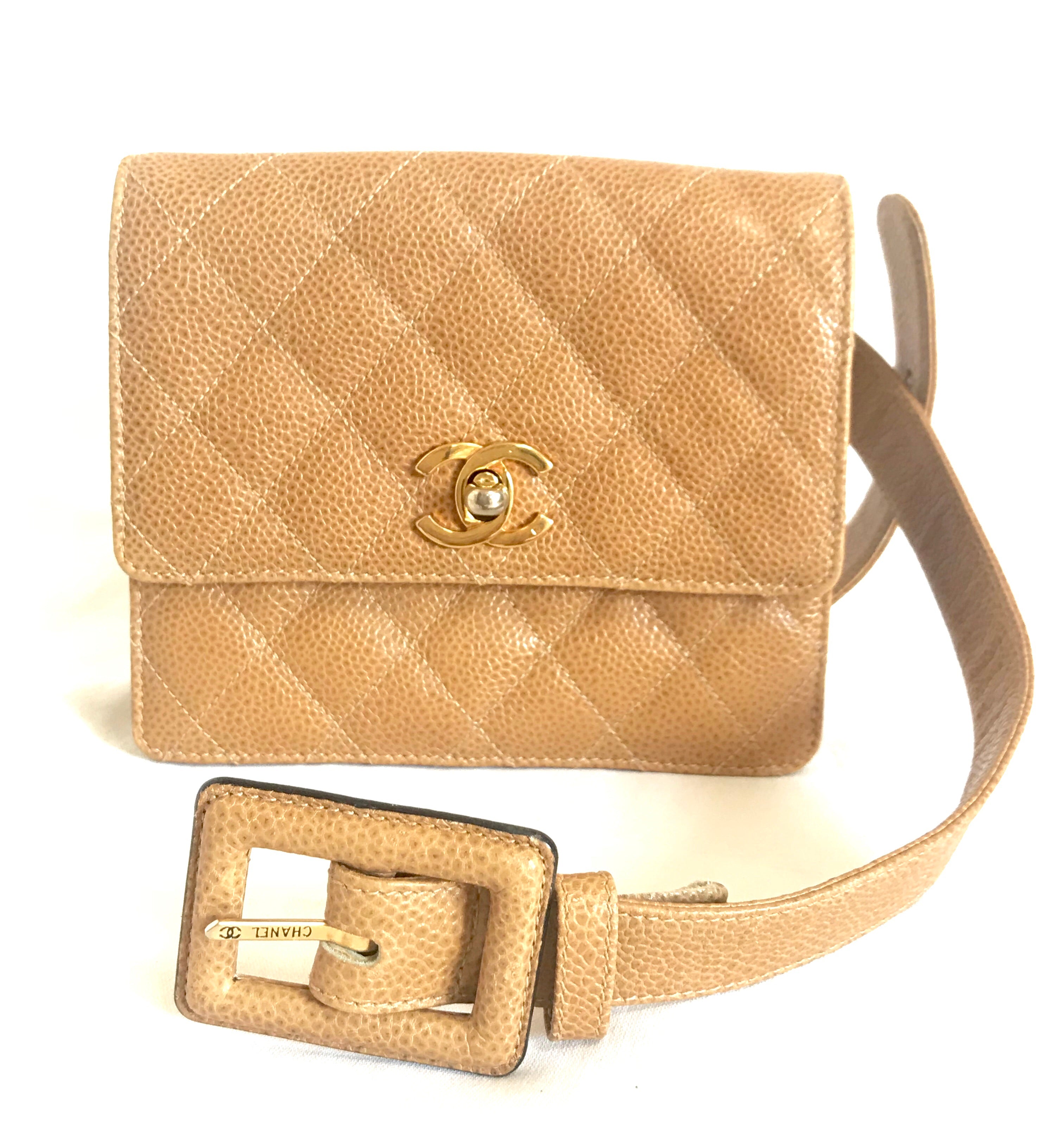 Vintage CHANEL beige brown caviarskin waist purse, hip bag, fanny
